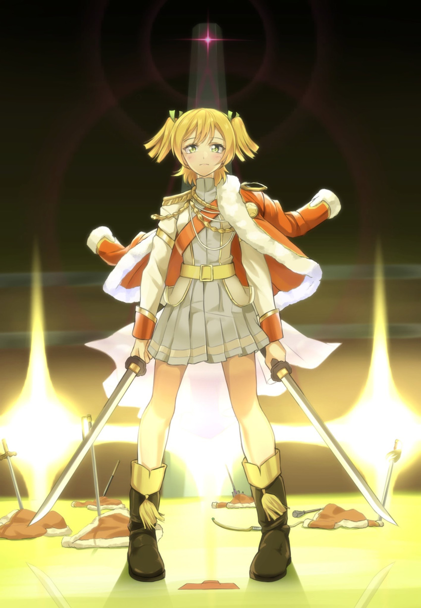 bangs belt belt_buckle blonde_hair blush boots bow_(weapon) brown_footwear buckle closed_mouth commentary daiba_nana dress dual_wielding epaulettes eyebrows_visible_through_hair full_body fur-trimmed_jacket fur_trim glowing green_eyes green_ribbon grey_dress hair_ribbon highres holding holding_sword holding_weapon jacket jacket_on_shoulders katana long_sleeves mace obelisk pigeon-toed planted_sword planted_weapon pleated_dress red_jacket ribbon school_uniform shaka_(staito0515) shoujo_kageki_revue_starlight shovel solo standing sword two_side_up weapon white_jacket yellow_belt