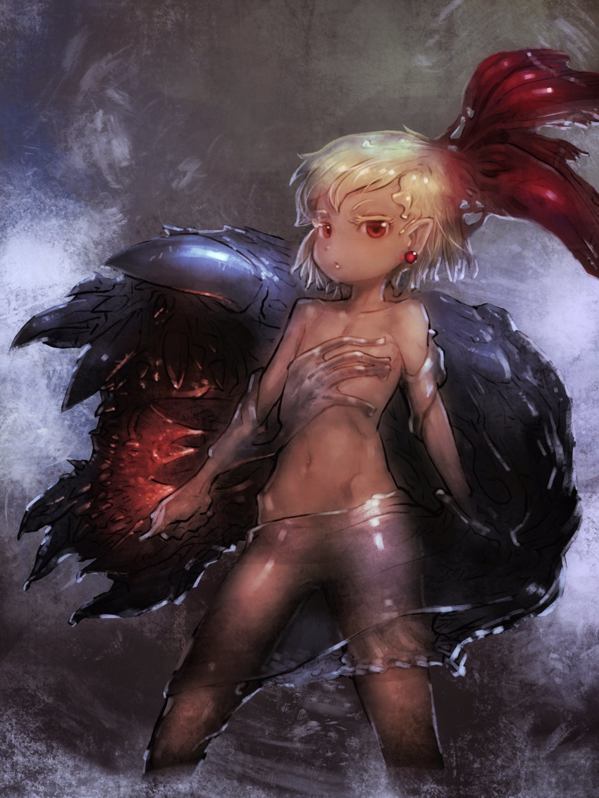 bangs blonde_hair colored_eyelashes commentary_request dark dark_skin earrings flat_chest hair_ribbon highres jewelry legs_apart looking_at_viewer monster navel nude pointy_ears red_eyes red_ribbon ribbon rumia see-through short_hair solo standing stomach stud_earrings touhou transparent yst