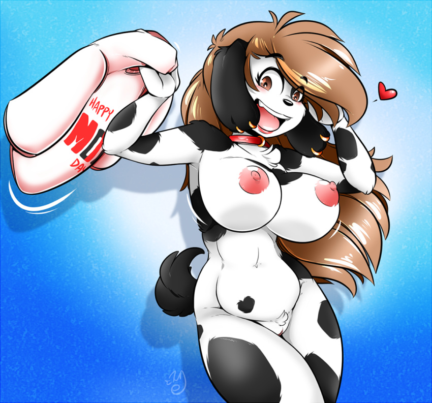 &lt;3 anthro areola big_breasts biped black_ears black_eyebrows black_fur black_spots black_tail blue_background breasts brown_eyes brown_hair canine charlie_(duckdraw) chest_tuft collar crotch_tuft dalmatian dog duckdraw ear_piercing eyebrows eyelashes floppy_ears fur hair hi_res holding_clothing holding_object holidays long_ears long_hair looking_at_viewer mammal mother's_day multicolored_fur nipples nude open_mouth open_smile piercing pink_areola pink_lips pink_nipples pink_pussy portrait pose pubes pussy shadow short_tail simple_background smile solo spots spotted_fur standing teeth three-quarter_portrait tuft two_tone_fur white_fur