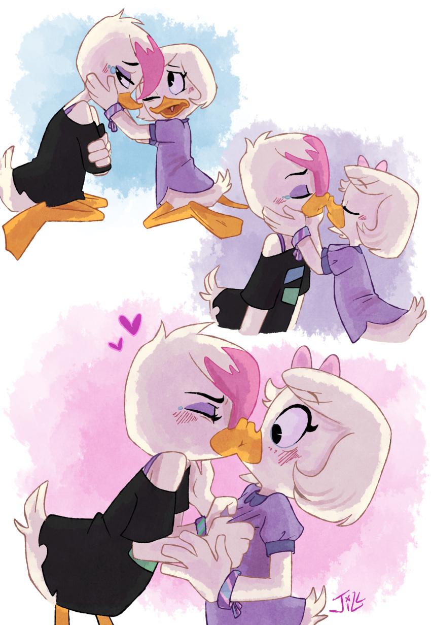 &lt;3 2018 anthro avian bare_shoulder bird blush bottomless child clothed clothing cub duck ducktales ducktales_(2017) duo eyes_closed feathers female female/female hair_bow hair_dye hair_ribbon hi_res kissing kneeling lena_(ducktales) one_eye_closed ribbons simple_background soup_du_silence tears teenager webby_vanderquack white_background white_feathers young