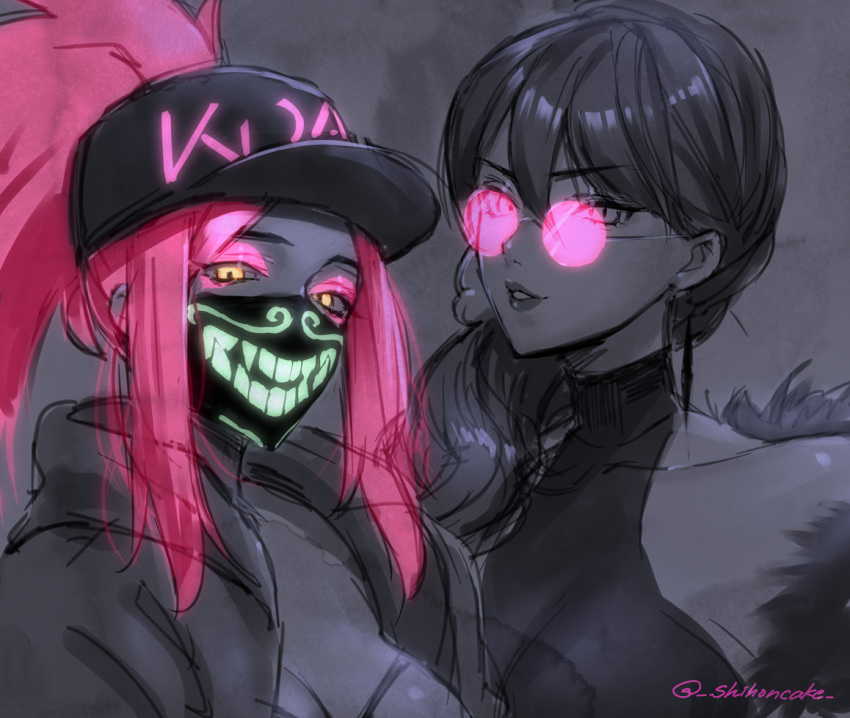 akali bare_shoulders baseball_cap breasts cleavage evelynn face_mask greyscale hat idol inverted_colors jacket k/da_(league_of_legends) k/da_akali k/da_evelynn league_of_legends lipstick makeup mask monochrome multiple_girls parted_lips pink_hair ponytail raver round_eyewear sakura_shiho side_ponytail sleeveless sunglasses twitter_username ultraviolet_light upper_body yellow_eyes