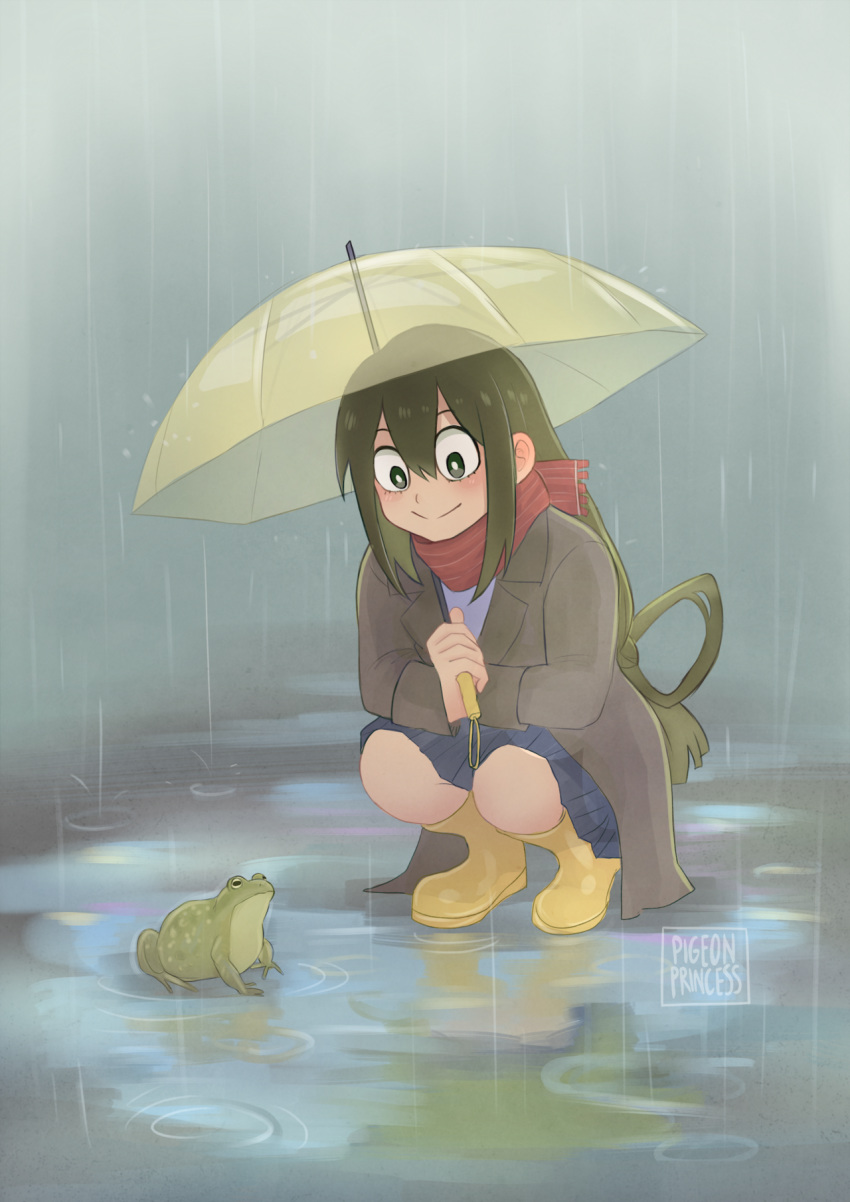 asui_tsuyu blue_skirt boku_no_hero_academia boots coat frog green_hair grey_coat hair_between_eyes highres holding holding_umbrella long_hair pigeon_princess puddle rain red_scarf reflection ripples rubber_boots scarf skirt smile solo squatting transparent transparent_umbrella umbrella very_long_hair yellow_footwear yellow_umbrella