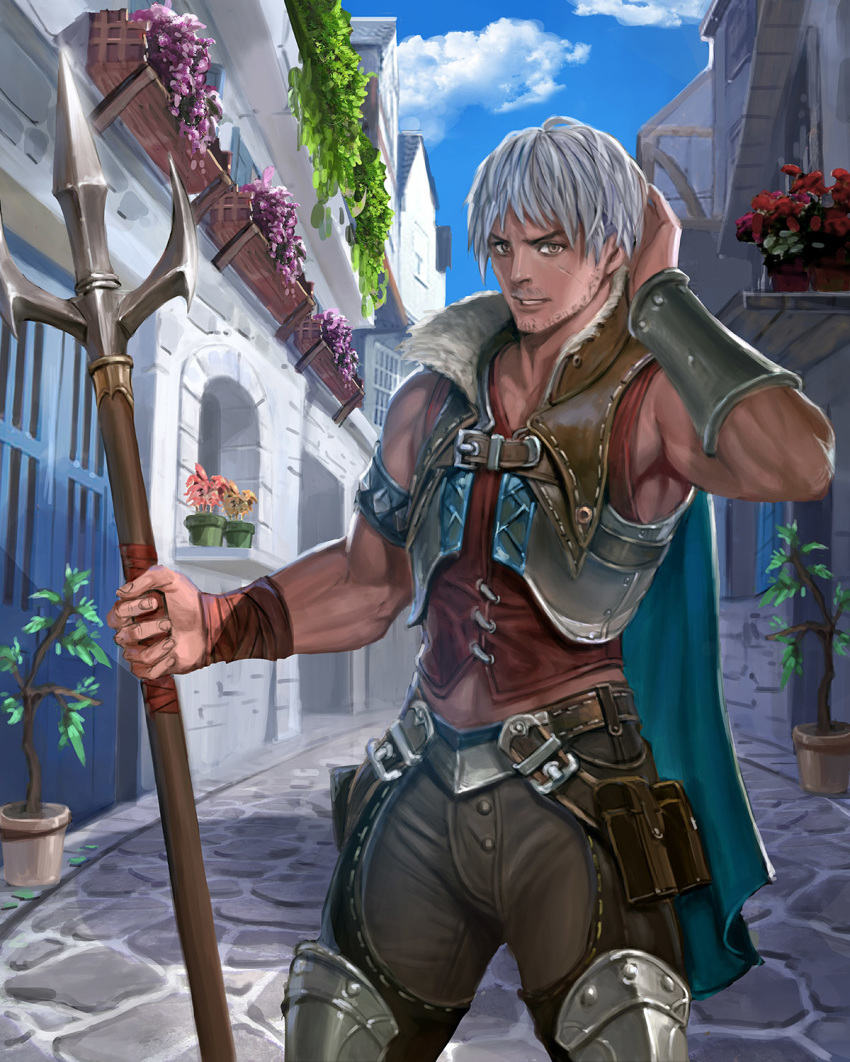 blue_cape blue_sky bracer brown_eyes cape cloud day facial_hair facial_scar ggozira hand_up highres male_focus official_art outdoors pants parted_lips plant polearm potted_plant pouch scar silver_hair sky spear standing stubble tenkuu_no_crystalia weapon