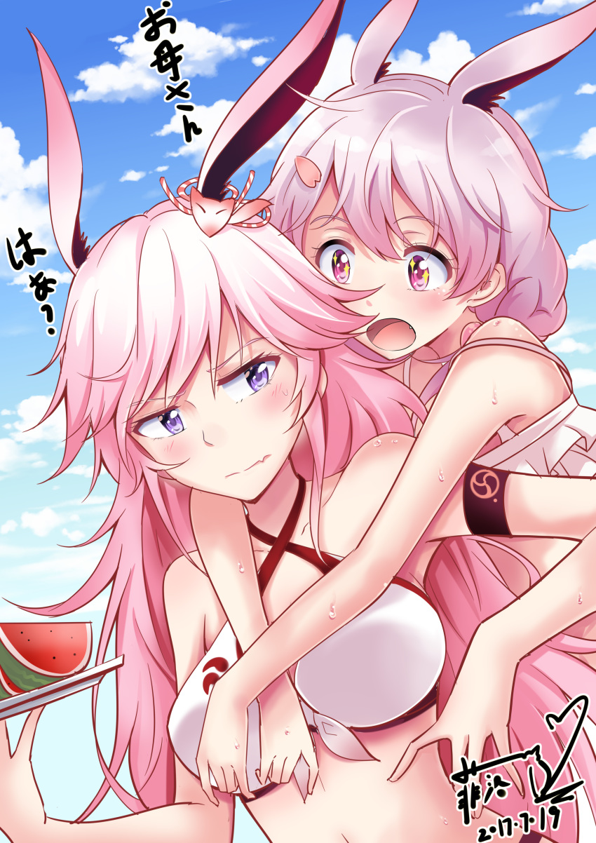 absurdres animal_ears annoyed bangs bare_shoulders bikini blue_eyes breasts bunny_ears closed_mouth criss-cross_halter day excited fang fang_out food front-tie_bikini front-tie_top fruit halter_top halterneck highres hirakuneko holding holding_plate honkai_impact long_hair looking_at_another medium_breasts multiple_girls navel open_mouth outdoors pink_hair plate purple_eyes silver_hair sky sparkle star star_in_eye sweat swimsuit symbol_in_eye theresa_apocalypse tray upper_body very_long_hair watermelon white_bikini yae_sakura_(benghuai_xueyuan)