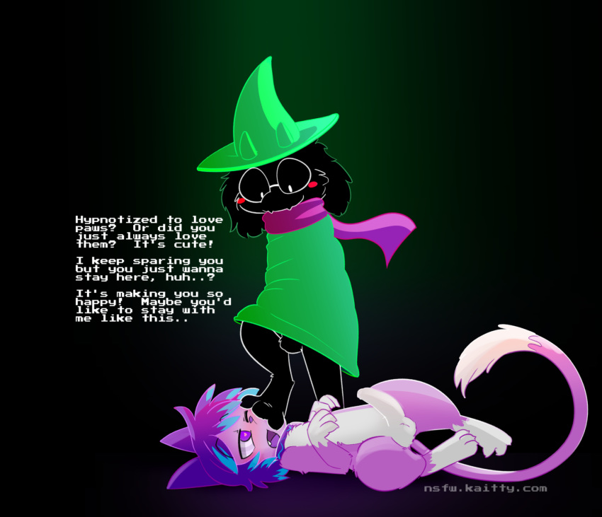 2018 3_toes 4_fingers balls blush cat claws collar deltarune english_text erection eyewear feet feline fingers foot_fetish foot_on_face glasses hat humanoid_penis kaittycat looking_down lying male male/male mammal on_back penis ralsei scarf standing text toe_claws toes video_games