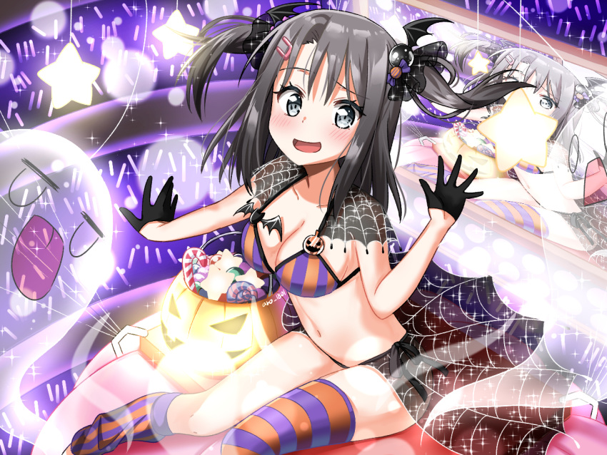 :p alternate_hairstyle aro_1801 asymmetrical_legwear bang_dream! basket bikini black_eyes black_gloves black_hair blush breasts candy capelet cleavage collarbone food ghost gloves glowstick hair_ornament hairclip half_gloves halloween head_wings jack-o'-lantern jitome looking_at_viewer loose_thighhigh medium_breasts medium_hair okusawa_misaki open_mouth overskirt screen silk sitting solo sparkle spider_web star striped striped_legwear swimsuit thighhighs tongue tongue_out two_side_up vertical-striped_bikini vertical-striped_legwear vertical_stripes