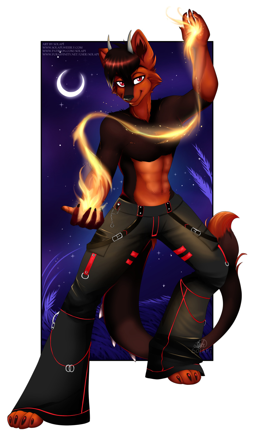 absurd_res canid canine canis clothed clothing dragon fire hi_res hybrid male mammal moon night pants solapi_(artist) topless wolf