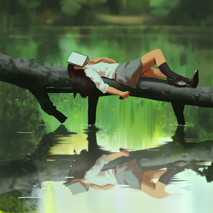 black_hair blurry book book_on_head commentary covered_face day depth_of_field hand_on_own_chest highres holding knee_up kneehighs lake log long_hair lying nature object_on_head on_back original reflection school_uniform skirt sleeping snatti solo tree water