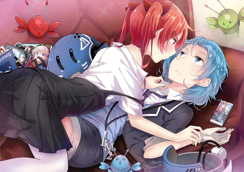 absurdres benghuai_xueyuan black_jacket black_shirt black_shorts black_skirt blue_eyes blue_hair blue_shirt blush book cellphone closed_mouth couch dress_shirt drone einstein_(honkai_impact) frown girl_on_top glasses gloves hair_ornament highres hirakuneko honkai_impact imminent_kiss jacket jewelry long_hair looking_at_another lying multiple_girls necklace necktie nikola_tesla_(honkai_impact) off_shoulder on_back on_couch open_clothes open_jacket phone photo_(object) pleated_skirt profile red_eyes red_hair shirt short_hair short_sleeves shorts skirt sleeves_folded_up smartphone strap_slip sweatdrop tears thighhighs twintails vest white_legwear white_shirt yuri |_|