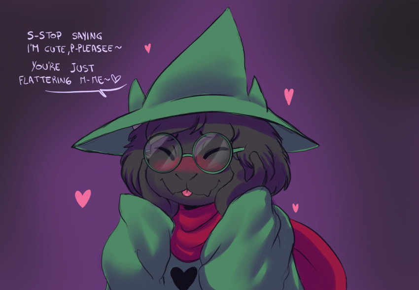 &lt;3 2018 ambiguous_gender anthro blep blush caprine clothing deltarune embarrassed eyewear flustered glasses hand_on_head hat holding_head mammal ralsei robe shinsuke smile solo text tongue tongue_out video_games