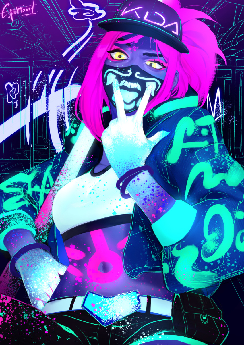 akali asymmetrical_legwear baseball_cap belt bracelet breasts crop_top cunnilingus_gesture face_mask glowing hat highres idol inverted_colors jacket jewelry k/da_(league_of_legends) k/da_akali league_of_legends long_sleeves looking_at_viewer mask midriff monochrome navel neon open_clothes pants pouch raver solo sparrowl ultraviolet_light yellow_eyes