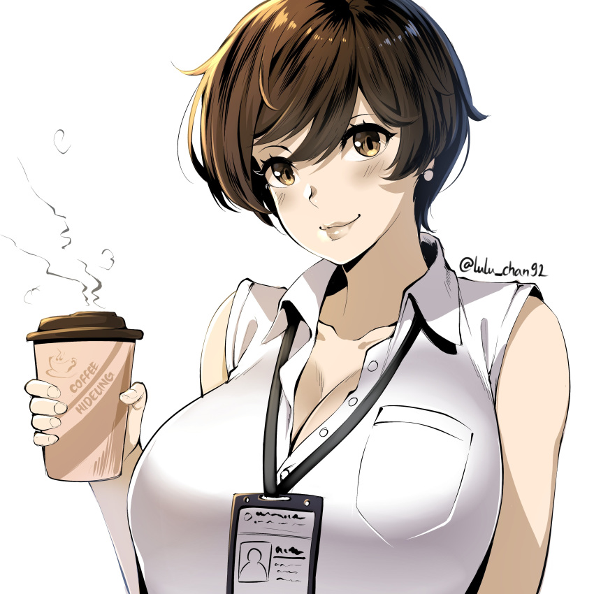absurdres badge bare_shoulders blush breasts brown_eyes brown_hair buttons cleavage closed_mouth coffee_cup collared_shirt commentary cup disposable_cup english_commentary highres holding holding_cup id_card lanyard large_breasts looking_at_viewer lulu-chan92 name_tag ol-chan_(norman_maggot) original partially_unbuttoned pixie_cut shirt short_hair sleeveless sleeveless_shirt smile solo steam twitter_username white_shirt