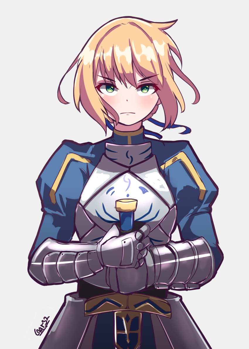 absurdres armor artist_name artoria_pendragon_(all) blonde_hair blush braid breasts excalibur fate/stay_night fate_(series) french_braid green_eyes highres juliet_sleeves long_sleeves planted_weapon puffy_sleeves saber serious short_hair solo tegar32 weapon white_background