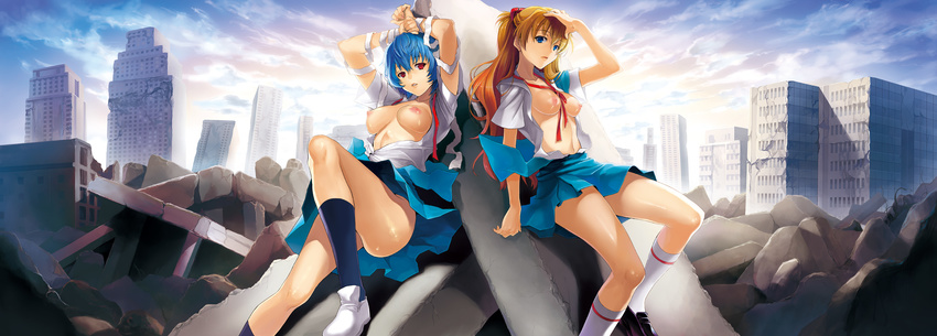 arms_up ayanami_rei bandages between_breasts blue_eyes blue_hair breasts cloud day hand_on_head highres kneehighs legs long_hair long_image medium_breasts multiple_girls neon_genesis_evangelion nipples no_bra off_shoulder open_clothes open_shirt orange_hair outdoors red_eyes ribbon ruins sage_joh school_uniform serafuku shirt shoes short_hair skirt sky socks souryuu_asuka_langley wallpaper wide_image