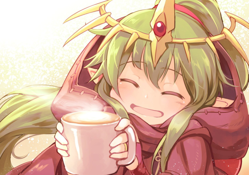 ^_^ ^o^ blush bridal_gauntlets cape chiki closed_eyes cup dress facing_viewer fire_emblem fire_emblem:_monshou_no_nazo fire_emblem_heroes gem green_hair hair_ornament holding holding_cup hood long_hair mamkute mug nakabayashi_zun open_mouth pink_dress pointy_ears ponytail short_dress smile solo steam tiara upper_body