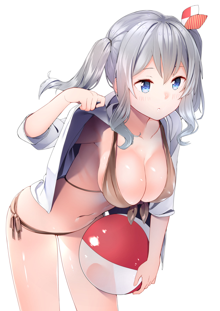 :o absurdres ball bangs bare_legs beachball bikini blue_eyes blue_jacket breasts brown_bikini byte_(allbyte) cleavage collarbone cowboy_shot cropped_jacket front-tie_bikini front-tie_top hair_ribbon hand_up hanging_breasts highres hood hooded_jacket jacket kantai_collection kashima_(kantai_collection) large_breasts leaning_forward lips ribbon side-tie_bikini sidelocks silver_hair solo swimsuit twintails white_background white_jacket