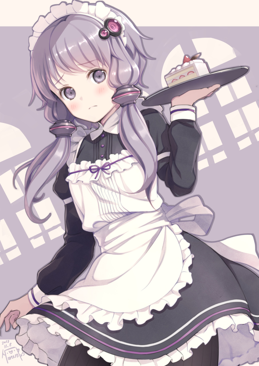 apron black_dress black_legwear blush cake closed_mouth commentary_request dated dress dutch_angle food frilled_apron frilled_dress frills fruit hair_ornament hand_up highres holding holding_tray juliet_sleeves long_hair long_sleeves looking_at_viewer maid maid_headdress pantyhose puffy_sleeves purple_eyes purple_hair ribbed_legwear short_hair_with_long_locks signature slice_of_cake solo strawberry strawberry_shortcake tray victorian_maid voiceroid white_apron window yoshino_ryou yuzuki_yukari