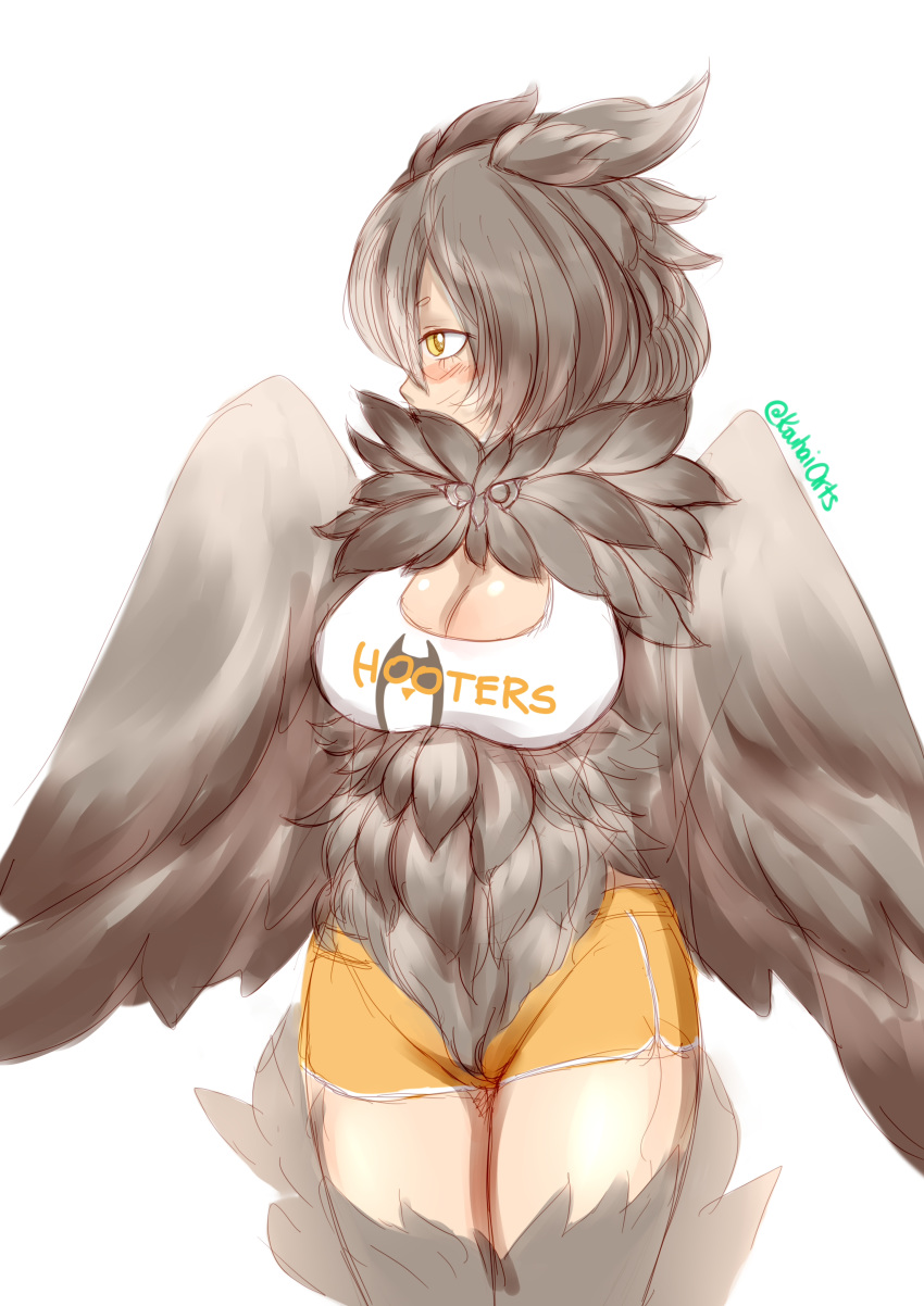 2018 absurd_res animal_humanoid avian avian_humanoid blush breasts brown_feathers cleavage clothed clothing english_text feathers female harpy hi_res humanoid kouhai signature simple_background solo standing text white_background yellow_eyes