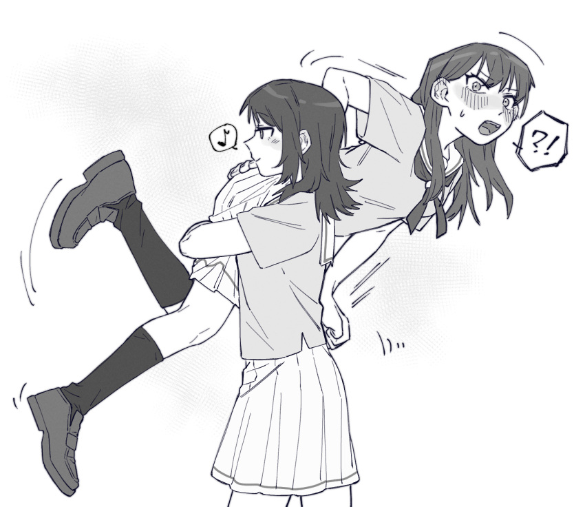 !? 2girls bang_dream! bang_dream!_it's_mygo!!!!! blush carrying carrying_person closed_mouth criangle_k. ear_blush greyscale hanasakigawa_school_uniform highres kneehighs loafers medium_hair mole mole_under_eye monochrome multiple_girls musical_note neckerchief open_mouth pleated_skirt school_uniform serafuku shiina_taki shoes short_sleeves skirt socks spoken_interrobang spoken_musical_note teeth upper_teeth_only yahata_umiri