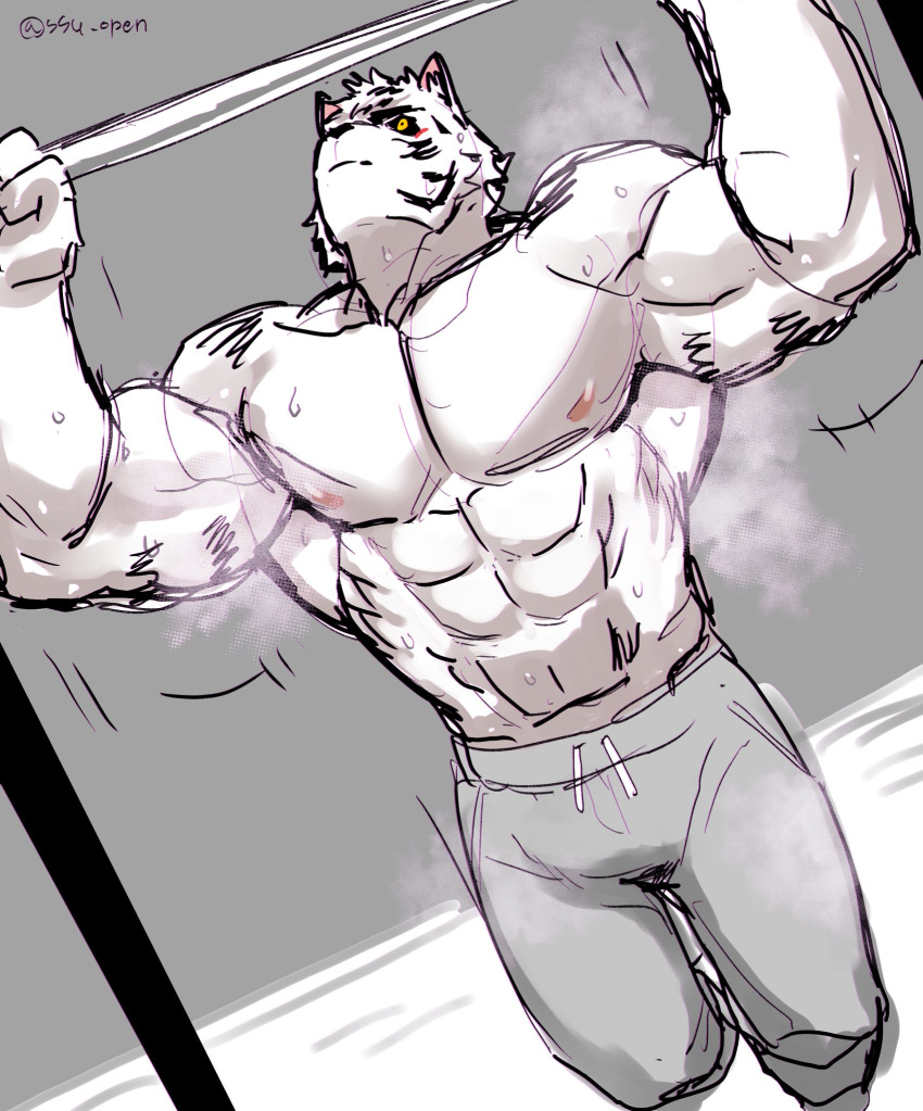 2019 anthro biceps canid canine canis clothed clothing felid feline fur hi_res male mammal muscular muscular_male nipples pantherine solo ssu tiger topless