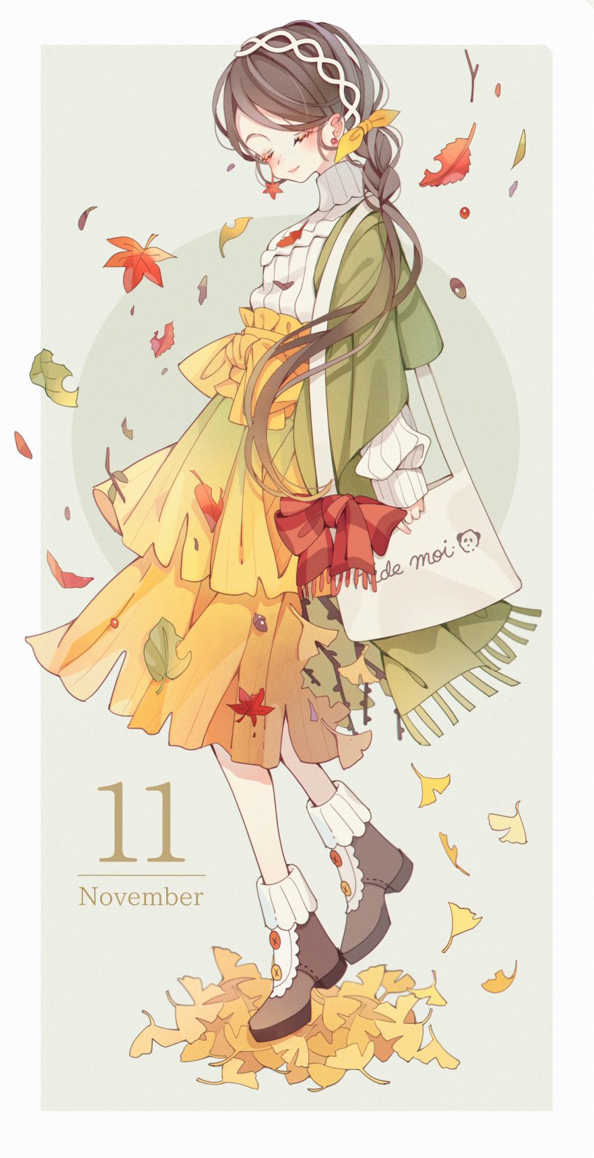 absurdres autumn autumn_leaves bag beige_background boots bow braid brown_footwear brown_hair calendar_(medium) closed_eyes commentary_request earrings english full_body ginkgo_leaf green_jacket hair_ribbon hairband high-waist_skirt highres huge_filesize jacket jewelry long_hair november original personification red_bow ribbed_sweater ribbon shiraho_(color-56) shoulder_bag single_braid skirt smile solo sweater twig white_hairband white_sweater yellow_ribbon yellow_skirt