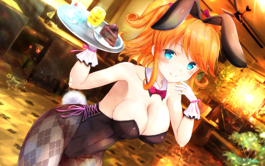 animal_ears arms_up artist_name bare_shoulders black_leotard blue_eyes blurry bow bowtie breasts bunny_ears bunny_girl bunny_tail bunnysuit cake ceiling_fan chair checkered checkered_legwear chocolate_cake cleavage closed_mouth collarbone commentary_request couch covered_navel cowboy_shot cross-laced_clothes dated depth_of_field detached_collar drink dutch_angle eyebrows_visible_through_hair fingers_to_cheeks food fork girlfriend_(kari) glint gloves hair_ornament hair_ribbon highres holding holding_tray indoors leotard light_rays looking_at_viewer masa_(mirage77) orange_hair pantyhose partial_commentary pink_bow pink_neckwear pink_ribbon plant plate print_legwear ribbon sagara_emi smile solo standing strapless strapless_leotard table tail thighs tray twintails wallpaper water white_gloves