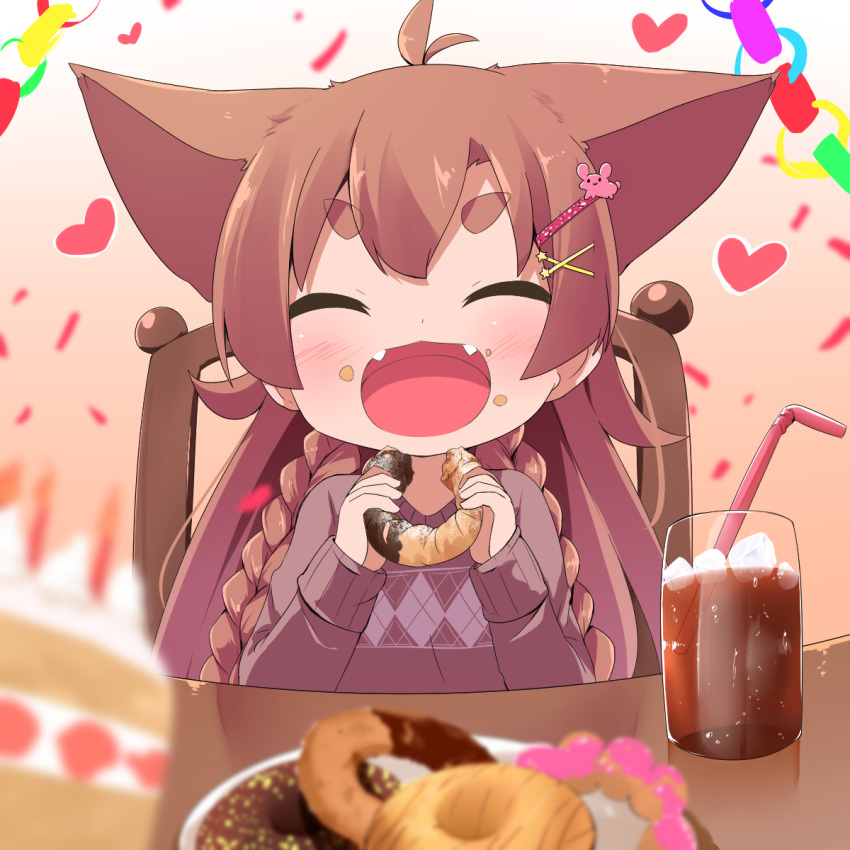 :d ^_^ animal_ears antenna_hair bangs bendy_straw birthday_party blurry blurry_foreground blush braid brown_background brown_hair cake chair closed_eyes commentary confetti cup depth_of_field doughnut drink drinking_glass drinking_straw eyebrows_visible_through_hair facing_viewer fangs food food_on_face gradient gradient_background hair_between_eyes hair_ornament hairclip heart highres holding holding_food ice ice_cube long_hair makuran momiji_(makuran) on_chair open_mouth original plate short_eyebrows sitting slice_of_cake smile solo table thick_eyebrows twin_braids very_long_hair