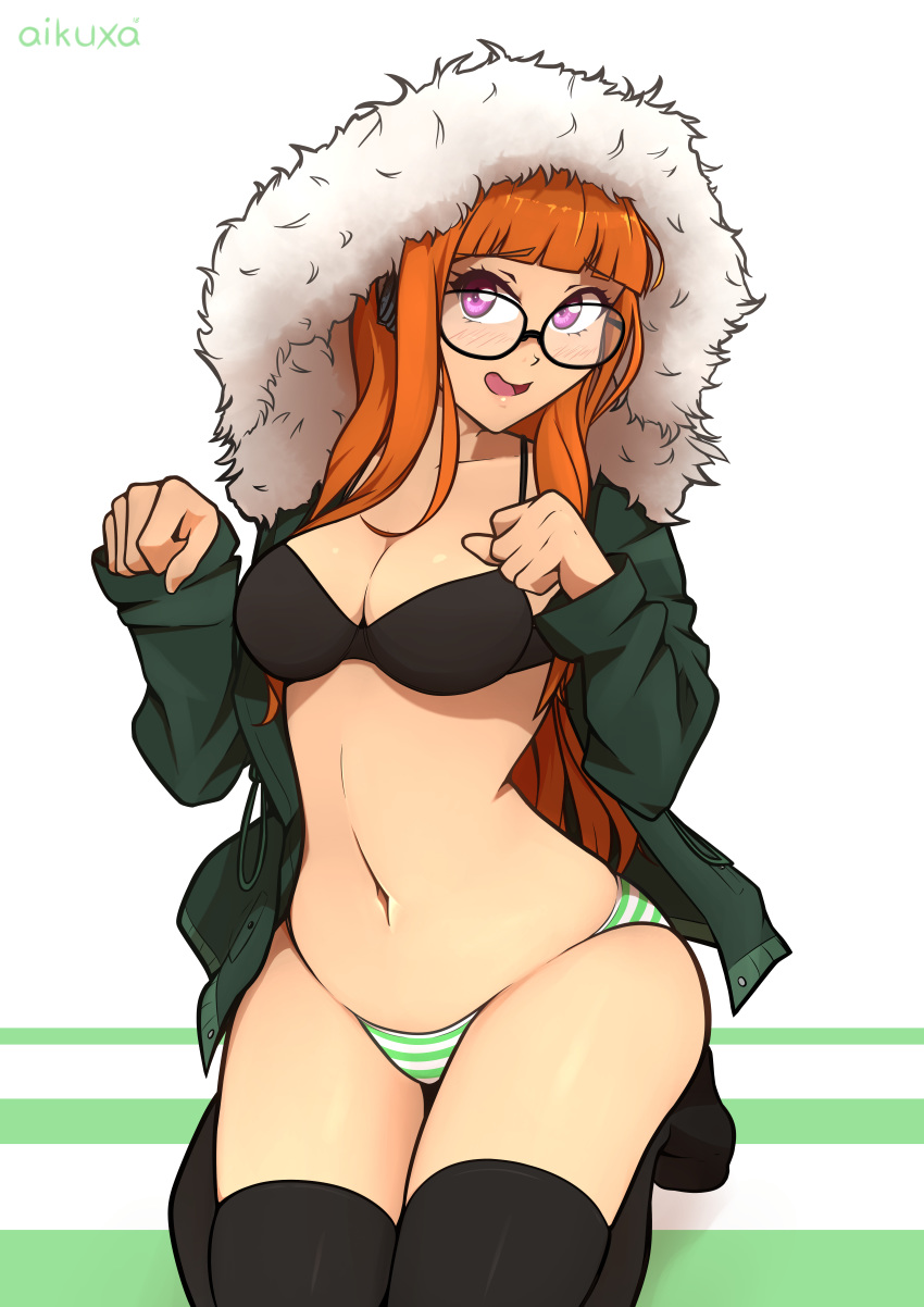 2018 absurdres aikuxa artist_name bangs black-framed_eyewear black_bra black_legwear blunt_bangs blush bra breasts cleavage coat commentary english_commentary eyebrows_visible_through_hair full_body fur_trim glasses green_jacket green_panties headphones highres hood hood_up hooded_coat jacket kneeling legs_together long_hair medium_breasts navel open_clothes open_coat orange_hair over-kneehighs panties paw_pose persona persona_5 purple_eyes sakura_futaba slender_waist smile solo thighhighs underwear white_background