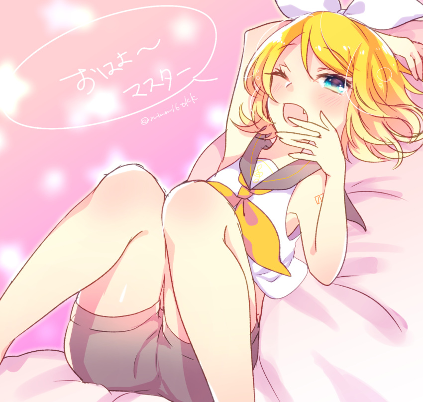arm_over_head arm_tattoo blonde_hair blue_eyes bow hair_bow hair_ornament hairclip half-closed_eye kagamine_rin kawahara_chisato looking_at_viewer lying number_tattoo on_back one_eye_closed sailor_collar short_hair shorts sleepy solo stretched_limb tattoo treble_clef vocaloid yawning