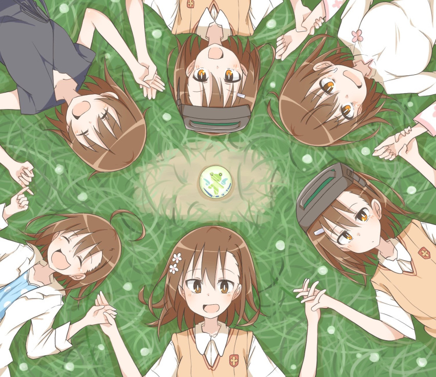 6girls ahoge artist_request brown_eyes brown_hair clone dolly_(to_aru_kagaku_no_railgun) eyes_closed gekota goggles goggles_on_head grass hospital_gown lying misaka_imouto misaka_imouto_10032 misaka_imouto_9982 misaka_mikoto misaka_worst open_mouth school_uniform short_hair smile spoilers to_aru_kagaku_no_railgun to_aru_majutsu_no_index