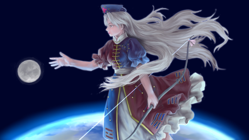 1girl arm_at_side arm_up bow_(weapon) commentary_request constellation dress earth expressionless from_side hair_blowing hat highres holding holding_bow_(weapon) holding_weapon kawahagi_modoki layered_dress lips long_hair looking_to_the_side moon nurse_cap open_clothes open_dress profile puffy_short_sleeves puffy_sleeves reaching short_sleeves silver_eyes silver_hair solo space touhou trigram two-tone_dress very_long_hair weapon wind wind_lift yagokoro_eirin