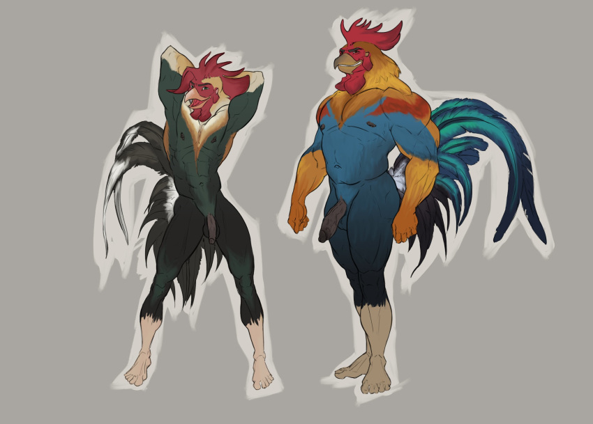 abs anthro avian balls bird chicken feathers hi_res humanoid_penis male male/male mickey_the_retriever muscular muscular_male nipples nude partially_retracted_foreskin penis standing uncut