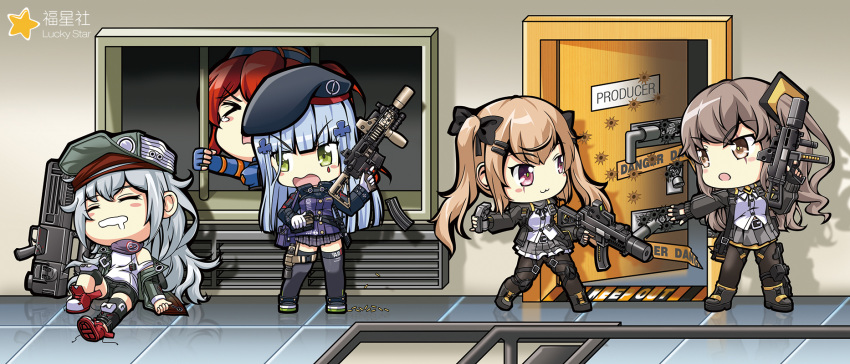 6p62_(girls_frontline) assault_rifle bullet_hole caution_tape chibi chinese_commentary commentary drooling english floor full_body g11 g11_(girls_frontline) girls_frontline gun h&amp;k_ump heckler_&amp;_koch highres hk416 hk416_(girls_frontline) holding holding_bars holding_gun holding_magazine_(weapon) holding_weapon indoors iron_bars keep_out multiple_girls open_door pantyhose reflective_floor rescue rifle shadow sleeping submachine_gun thighhighs ump45_(girls_frontline) ump9_(girls_frontline) wall weapon window zixia_(msl)