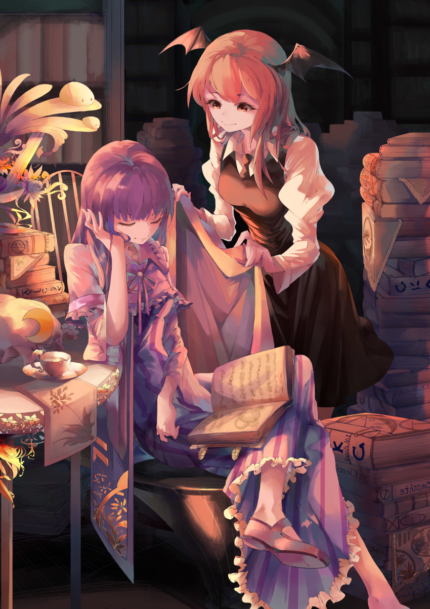 absurdres bat_wings black_skirt black_vest blanket book bookshelf closed_eyes closed_mouth covering_with_blanket crescent crossed_legs cup demon_girl demon_wings dress_shirt floral_print flower hat head_wings highres holding holding_blanket holding_book koakuma leaning_forward library long_hair long_sleeves looking_at_another mob_cap multiple_girls necktie no_hat no_headwear open_book patchouli_knowledge puffy_sleeves purple_hair purple_neckwear red_eyes red_hair red_neckwear shirt shoes sitting skirt sleeping smile table teacup too_many too_many_books touhou vest voile white_shirt wide_sleeves wings worini