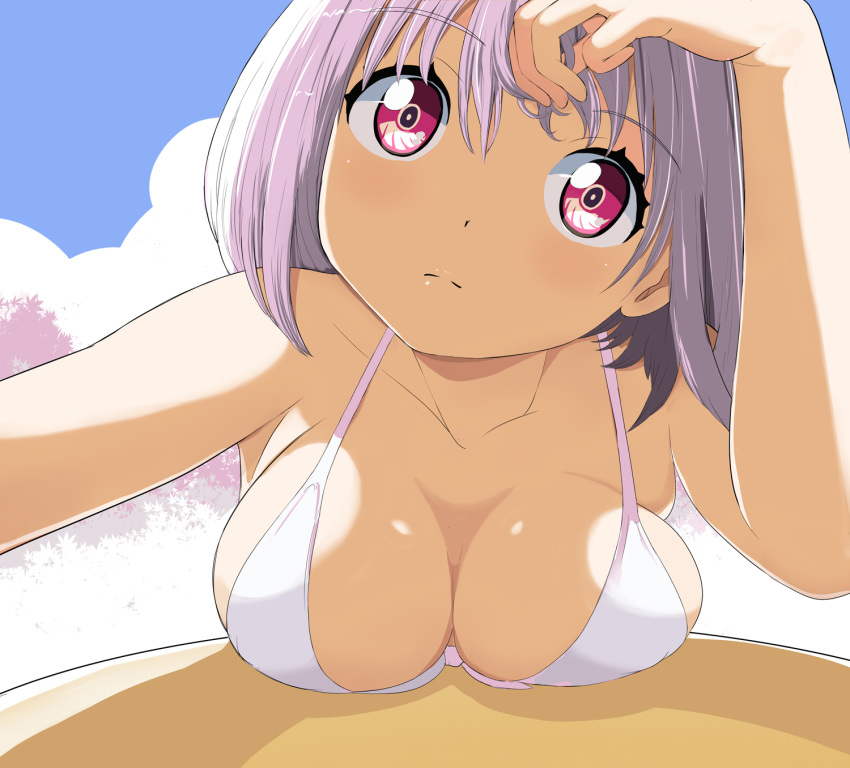 bangs bare_shoulders bikini blue_sky blush breasts cleavage cloud commentary_request day hand_in_hair highres large_breasts looking_at_viewer lying makoto_daikichi on_stomach purple_eyes purple_hair shinjou_akane short_hair sky solo ssss.gridman swimsuit white_bikini