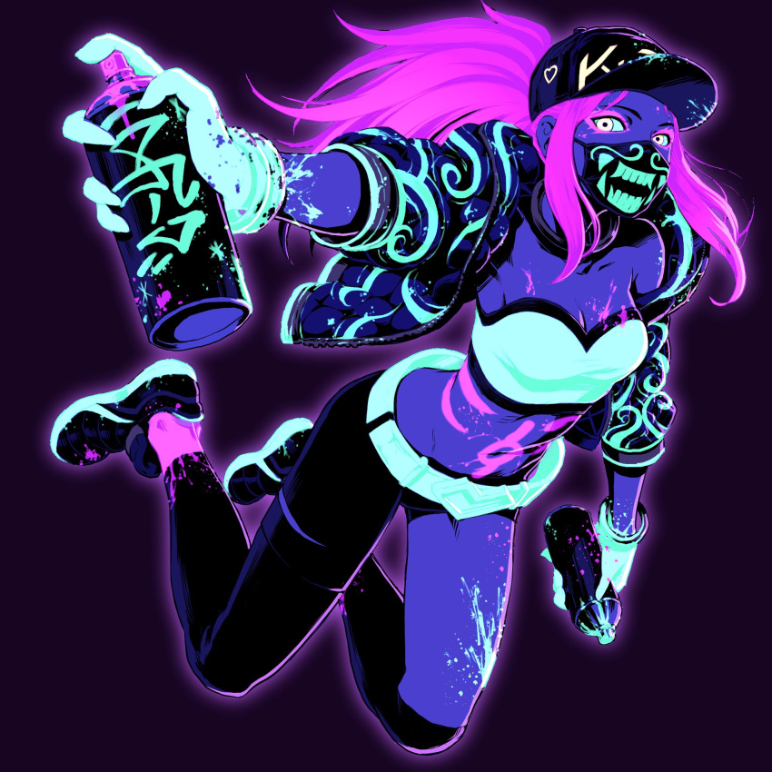 akali asymmetrical_legwear baseball_cap belt black_pants bodypaint bracelet breasts cleavage crop_top cropped_jacket face_mask full_body gloves glowing hat highres inverted_colors jewelry k/da_(league_of_legends) k/da_akali league_of_legends mask midriff monochrome navel neon_lights open_clothes outstretched_arm pants pink_hair ponytail purple_background raver shoes simple_background sneakers solo spray_can ultraviolet_light ume_(yume_uta_da) yellow_eyes