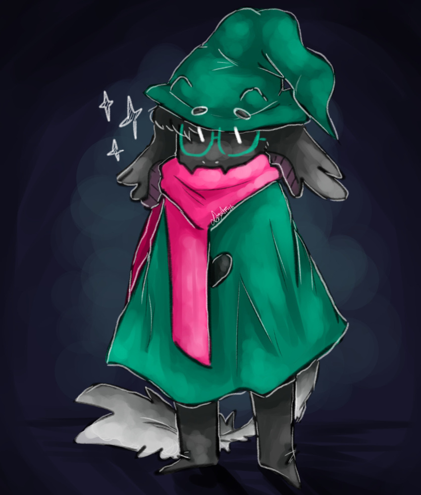 black_fur boss_monster caprine deltarune eyewear fangs fishmum_(artist) fur glasses goat green_hat hat long_ear male mammal ralsei scarf sparkle undertale video_games