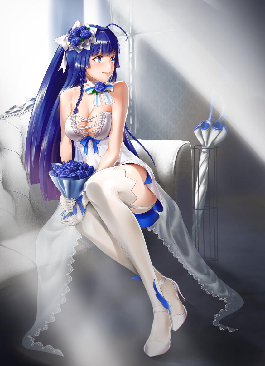 absurdres ahoge bangs bare_shoulders benghuai_xueyuan blue_eyes blue_flower blue_ribbon blue_rose blunt_bangs bouquet breasts choker cleavage couch crossed_ankles dress flower full_body garter_straps gloves gotointhepark hair_flower hair_intakes hair_ornament high_heels highres honkai_impact indoors large_breasts light_rays long_hair looking_to_the_side purple_hair raiden_mei ribbon rose shoes short_dress sitting solo strapless strapless_dress thighhighs umbrella very_long_hair wedding_dress white_choker white_dress white_footwear white_gloves white_legwear