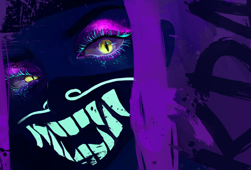 akali close-up covered_mouth eyelashes eyeshadow face face_mask highres idol inverted_colors k/da_(league_of_legends) k/da_akali league_of_legends long_hair looking_at_viewer makeup mask pink_hair raised_eyebrow raver slit_pupils solo ultraviolet_light usagi_(3828164) yellow_eyes