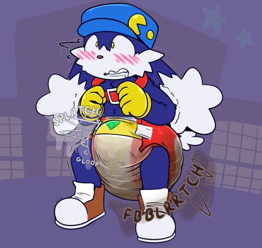 2018 anthro blush cat clothed clothing cum diaper digital_drawing_(artwork) digital_media_(artwork) erection feces feline footwear fur hat klonoa klonoa_(series) long_ears ludis-luteo male mammal messy_diaper orgasm pooping scat soiling soiling_diaper solo video_games