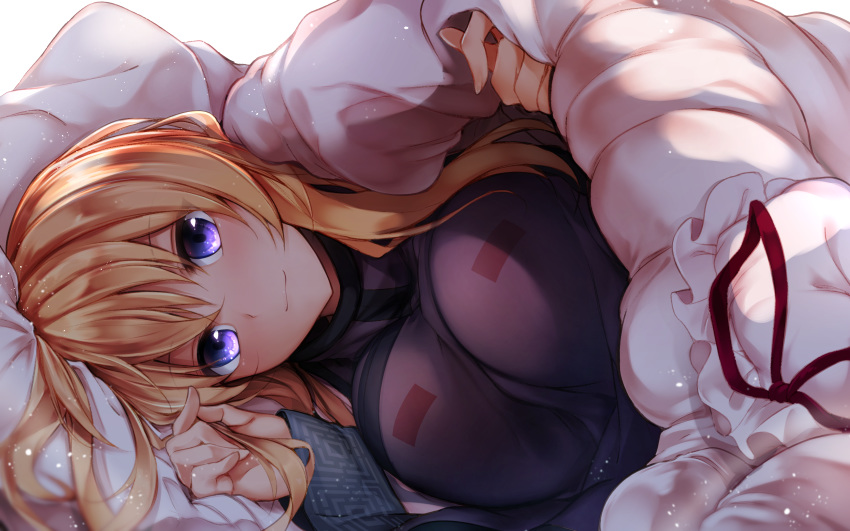 absurdres bangs blonde_hair blush breasts close-up closed_mouth commentary_request eyebrows_visible_through_hair fingernails hair_between_eyes hat hat_removed hat_ribbon headwear_removed highres huge_filesize large_breasts looking_at_viewer lying midori_(misuriru8) mob_cap on_side purple_eyes red_ribbon ribbon sidelocks smile solo tabard touhou under_covers white_hat white_pillow yakumo_yukari