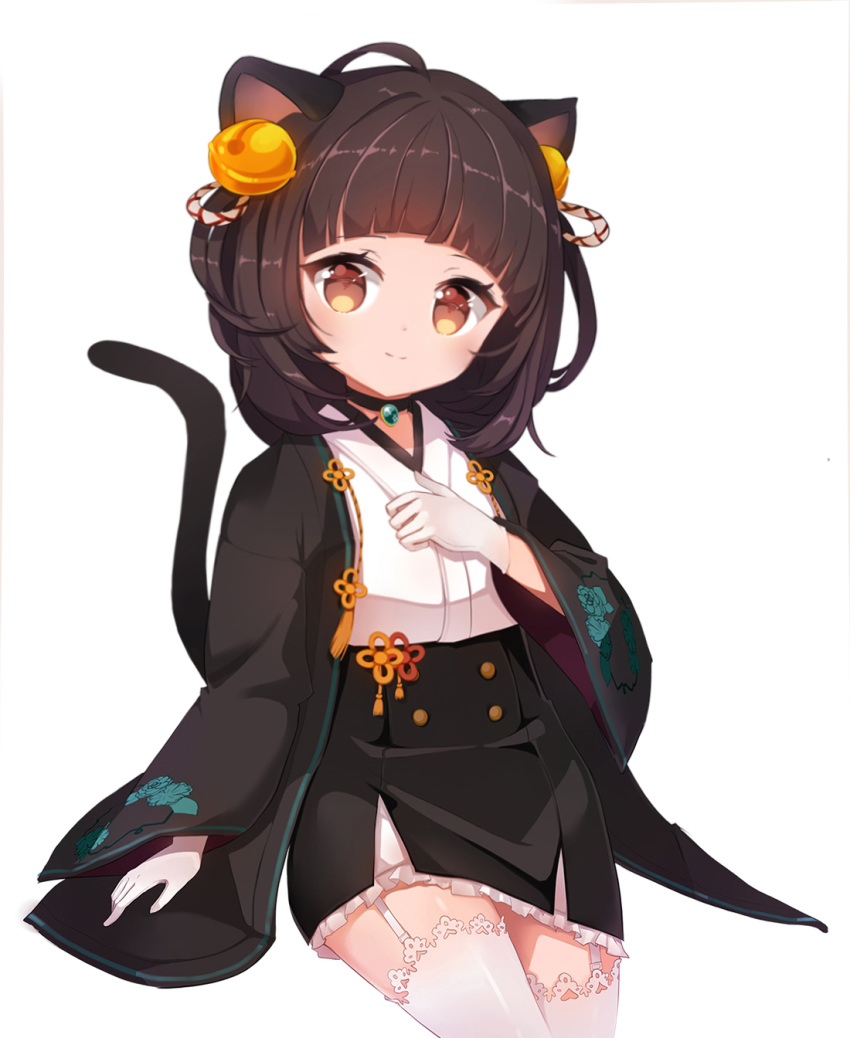 ahoge animal_ears arara_(rladkfk511) bell black_kimono black_skirt blade_&amp;_soul brown_eyes brown_hair cat_ears cat_tail commentary garter_straps gloves hair_ornament hand_on_own_chest highres japanese_clothes jingle_bell kimono lyn_(blade_&amp;_soul) open_clothes open_kimono shirt short_hair short_kimono simple_background skirt smile solo tail thighhighs white_background white_gloves white_legwear white_shirt