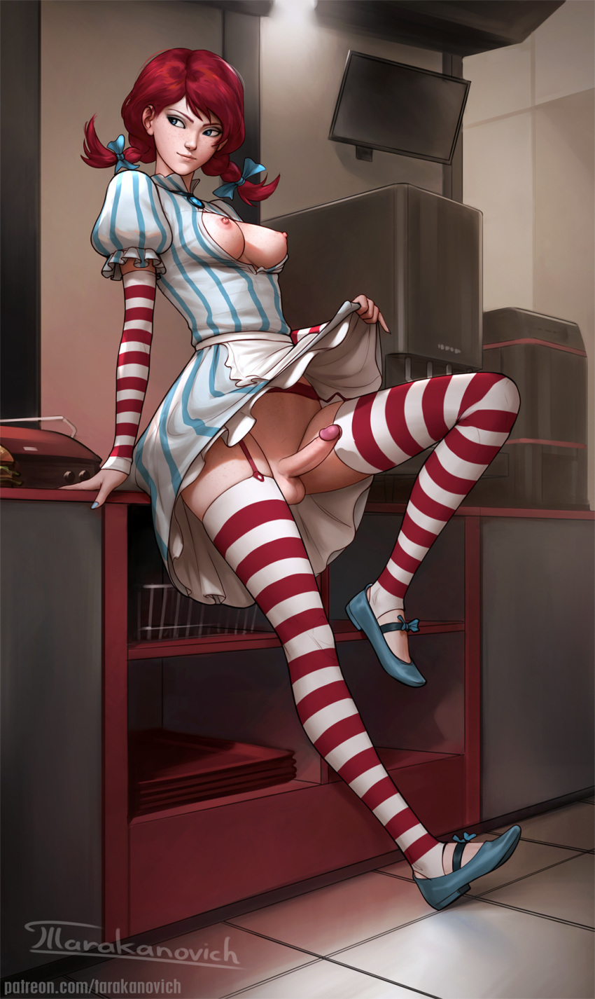 apron aqua_bow aqua_eyes aqua_footwear aqua_nails areolae arm_warmers bow braid breasts breasts_outside caucasian closed_mouth commentary dress dress_lift employee_uniform english_commentary erection fast_food fast_food_uniform food freckles full_body futanari garter_belt hair_bow hamburger highres indoors kitchen knee_up legs lifted_by_self looking_to_the_side medium_breasts medium_hair nail_polish nipples no_bra no_panties non-asian nose object_request open_clothes patreon_username penis perky_breasts pinstripe_dress pinstripe_pattern puffy_short_sleeves puffy_sleeves red_garter_belt red_hair shoe_bow shoes short_sleeves signature smirk solo stirrup_legwear striped striped_legwear striped_sleeves tarakanovich testicles thighhighs toeless_legwear toon twin_braids uncensored uniform upskirt vertical-striped_dress vertical_stripes waist_apron watermark web_address wendy's wendy_(wendy's) white_apron