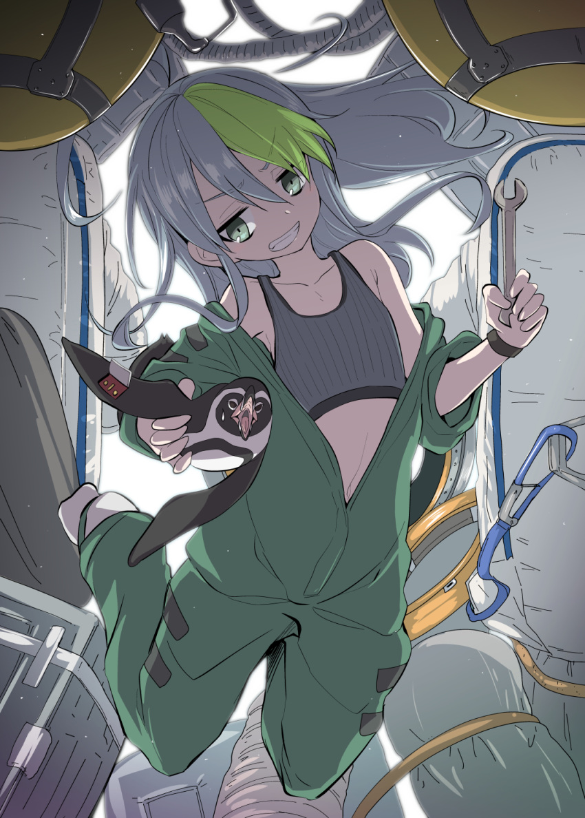 bare_shoulders bird commentary_request crop_top flat_chest green_eyes green_hair grey_hair grin hair_between_eyes highres international_space_station jumpsuit long_hair midriff miyao_ryuu multicolored_hair original penguin smile solo tank_top two-tone_hair wrench wristband zero_gravity