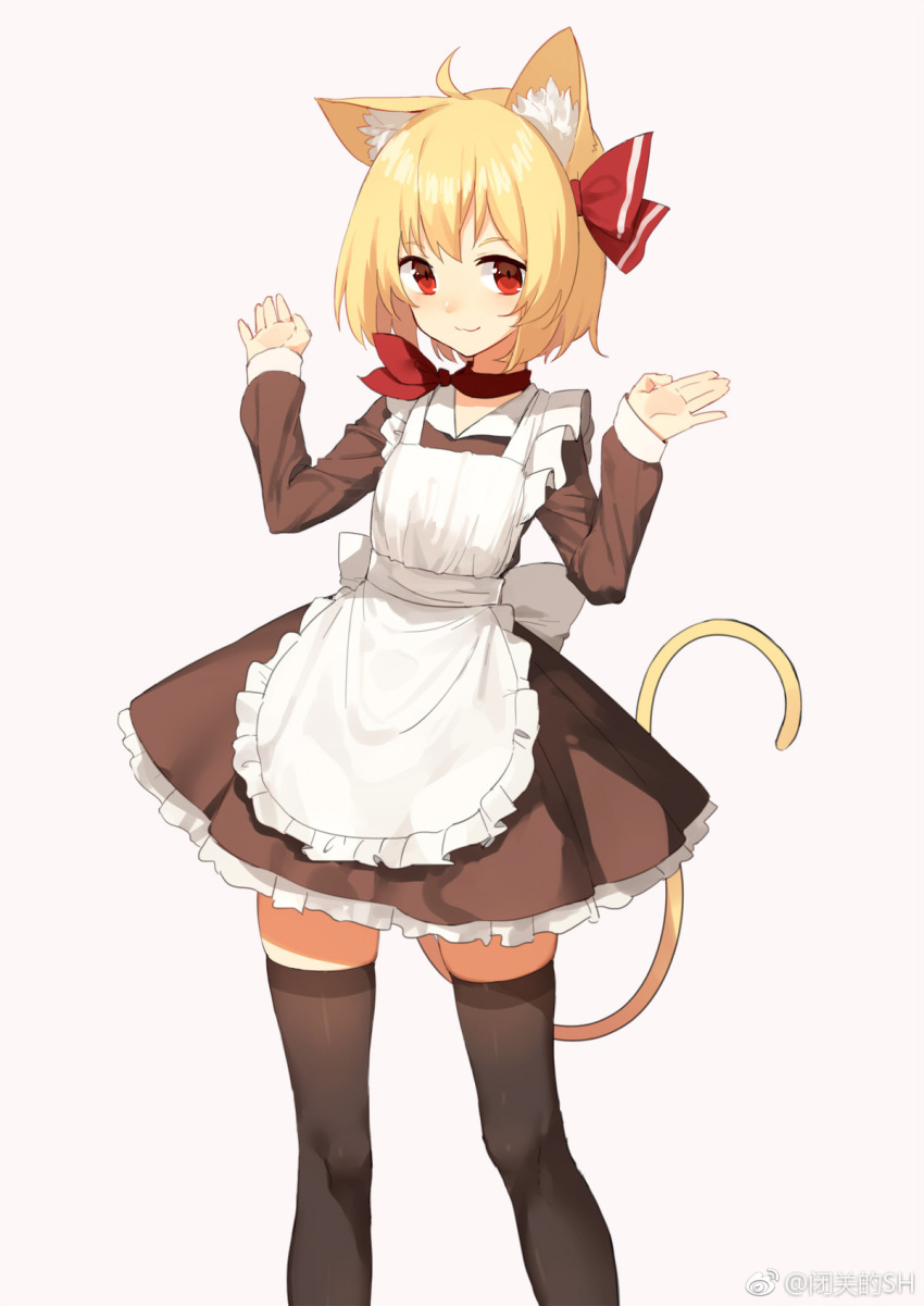 :3 ahoge animal_ears apron black_legwear black_skirt blonde_hair cat_ears cat_tail closed_mouth hair_ribbon hands_up highres kemonomimi_mode long_sleeves looking_at_viewer maid_apron miniskirt red_eyes red_neckwear red_ribbon ribbon rumia scarf sh_(562835932) short_hair simple_background skirt solo standing tail thighhighs touhou weibo_logo zettai_ryouiki