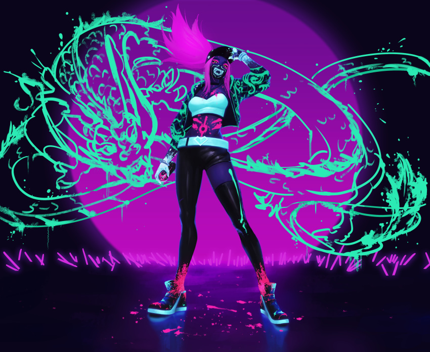 absurdres akali asymmetrical_legwear audience baseball_cap bodypaint breasts commentary crop_top cropped_jacket crowd dark dragon english_commentary facial_mark gang_g glowing glowstick hat hat_tip high_tops highres holding idol inverted_colors k/da_(league_of_legends) k/da_akali league_of_legends legs long_sleeves looking_at_viewer making_of midriff navel neon_trim pants pink_hair raver reflective_floor shoes silhouette sneakers solo_focus spray_can standing ultraviolet_light yellow_eyes