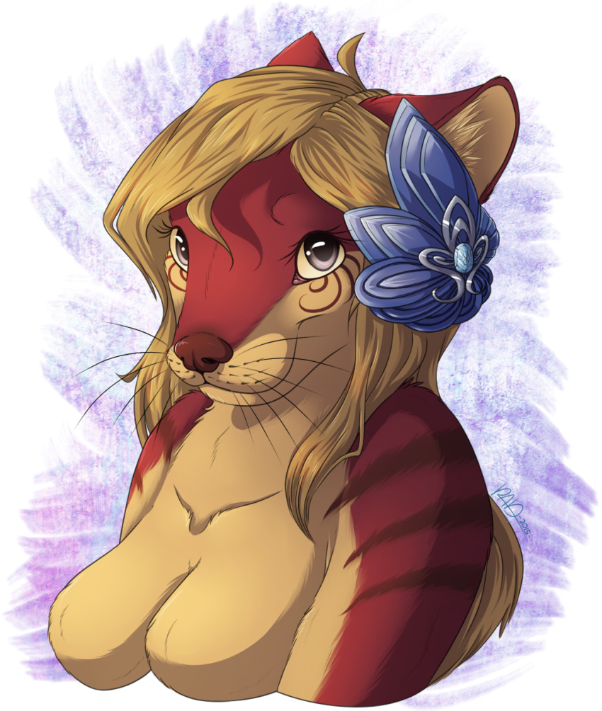 2015 ahoge anthro artist_signature bangs blonde_hair breasts brooch brown_fur brown_nose bust_portrait collarbone dei digital_media_(artwork) featureless_breasts female flygon017 fur gem hair hair_brooch jewelry looking_at_viewer mammal medium_snout multicolored_fur mustelid otter parted_bangs portrait shiny_eyes shiny_fur shiny_hair shiny_nose simple_background smile snout solo striped_fur stripes tan_fur whiskers