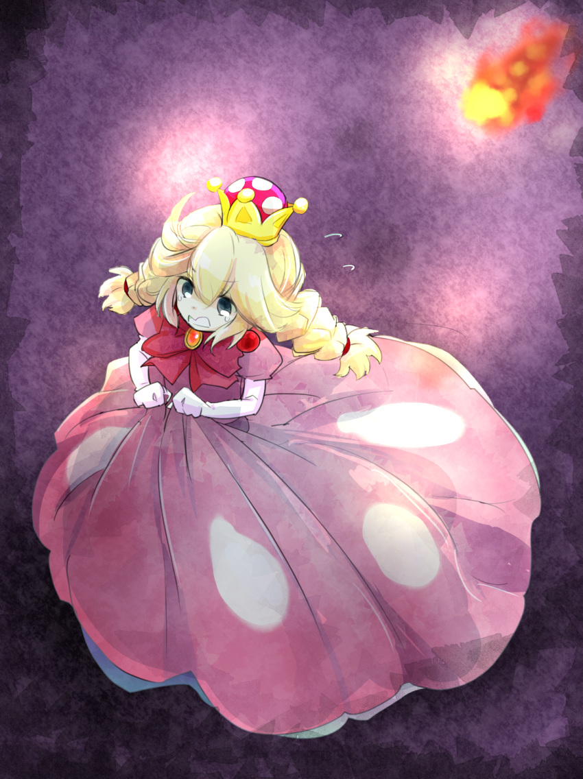 blonde_hair bow braid crown dress elbow_gloves fireball fleeing flying_sweatdrops gem gloves grey_eyes highres long_hair mario_(series) moro_(like_the_gale!) new_super_mario_bros._u_deluxe peachette pink_bow puffy_short_sleeves puffy_sleeves running short_sleeves solo spots super_crown toadette twin_braids wavy_mouth white_gloves