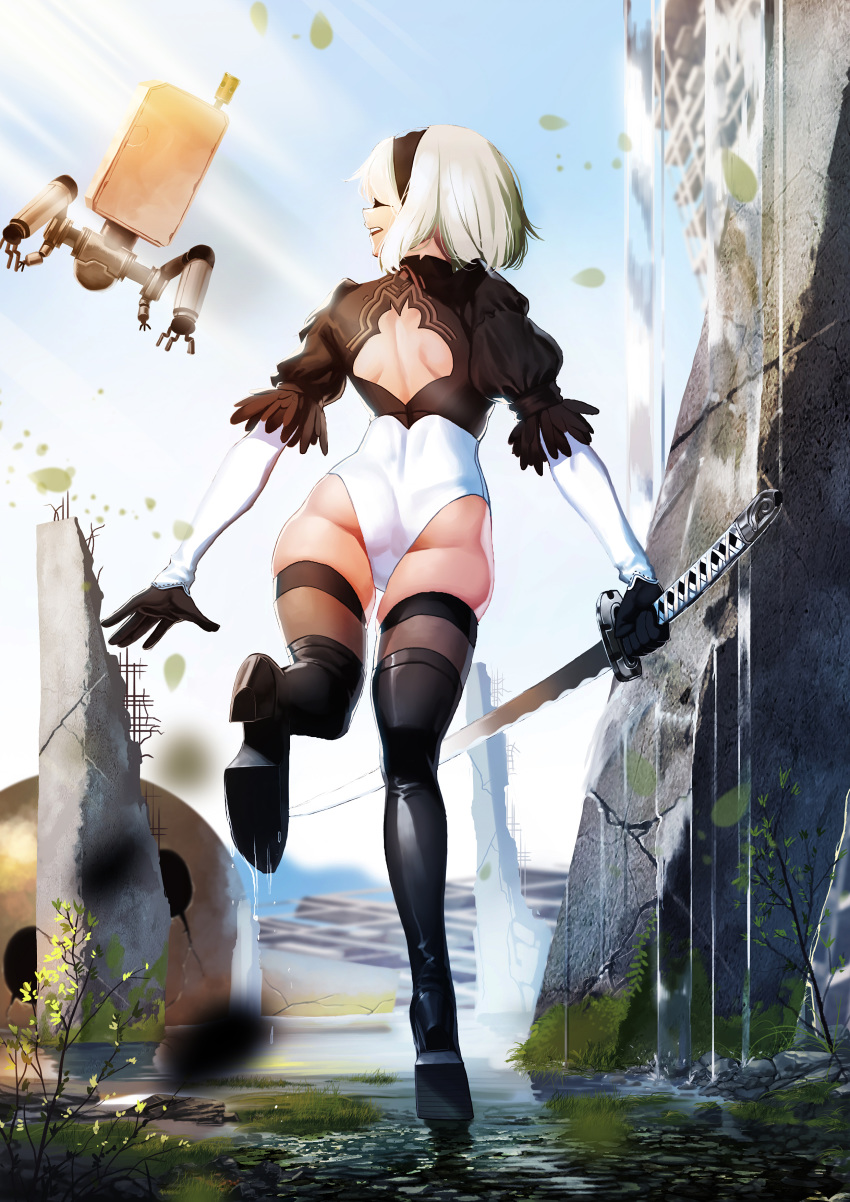 1girl android ass black_dress blindfold boots breasts dress feather-trimmed_sleeves hairband high_heel_boots high_heels ilhobus large_breasts nier_(series) nier_automata puffy_sleeves short_hair silver_hair solo soul_calibur soulcalibur_vi sword thigh_boots thighhighs weapon yorha_no._2_type_b