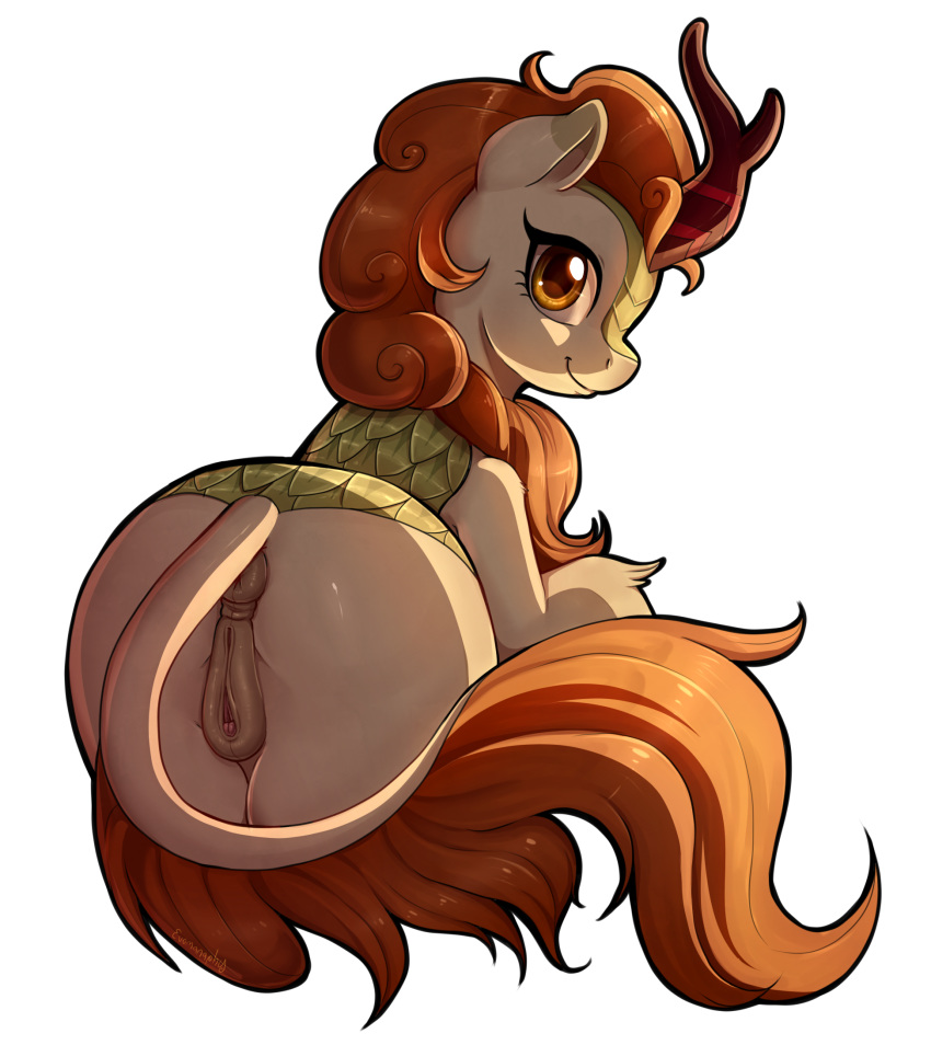 2018 alpha_channel animal_genitalia animal_pussy anus autumn_blaze_(mlp) butt clitoris digital_media_(artwork) equine_pussy evomanaphy female feral friendship_is_magic hi_res kirin looking_at_viewer looking_back my_little_pony pussy simple_background smile solo transparent_background